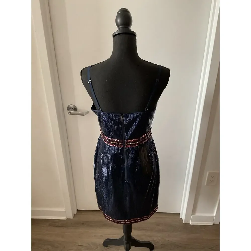 BCBGMAXAZRIA Sequin Stripe Wrap Mini Dress NWT Dark Navy Blue Cocktail size 6